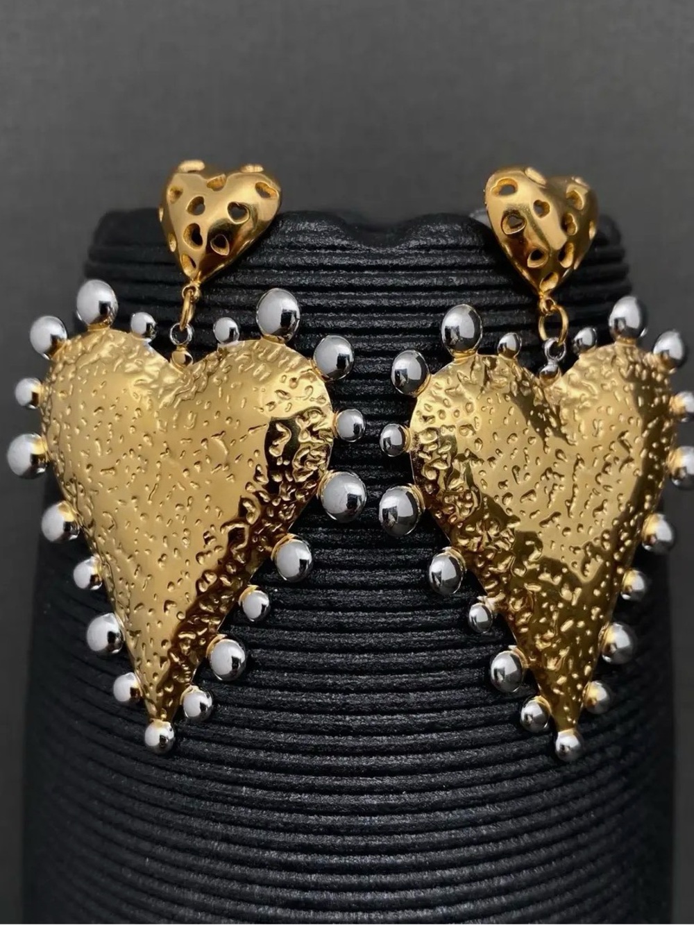 18k Gold plated Heart Drop Earrings with Silver Accent Beads - Women Jewelry